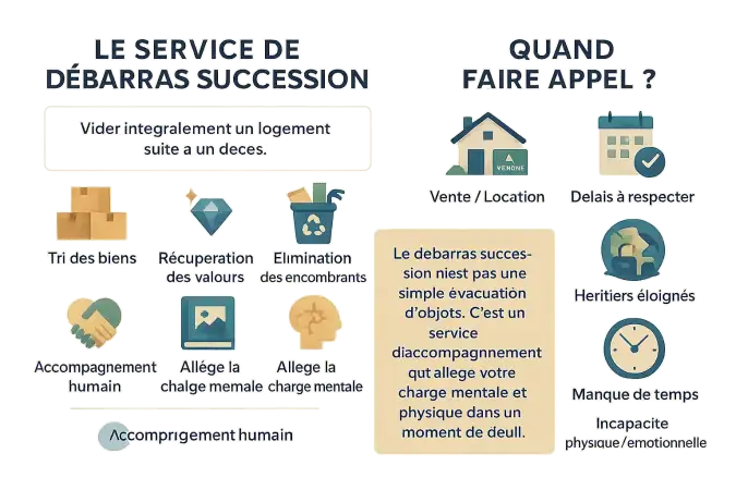 Illustration d'une équipe professionnelle triant des meubles et objets dans un logement après un décès, avec respect et organisation