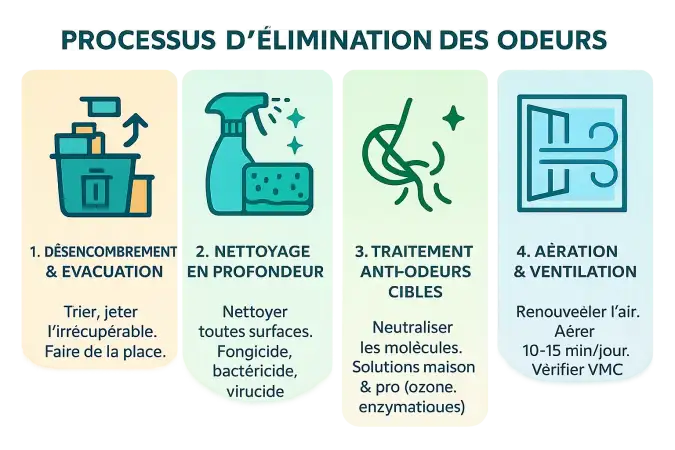Illustration du processus en 4 étapes pour éliminer les odeurs