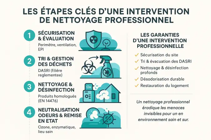 Illustration des étapes clés d'un nettoyage professionnel après décès