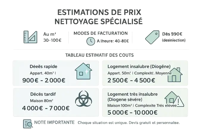 Illustration des <strong>estimations de prix pour nettoyage spécialisé</strong> selon les scénarios