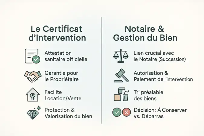 Infographie sur le certificat d'intervention et la gestion du bien après nettoyage post-décès