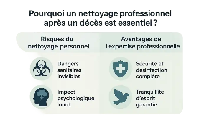 Illustration montrant la différence entre un nettoyage amateur et professionnel après un décès