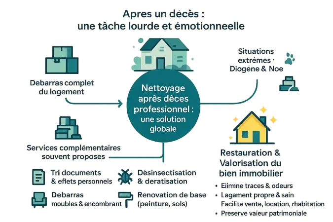 Illustration d'une équipe de professionnels réalisant un nettoyage complet après décès
