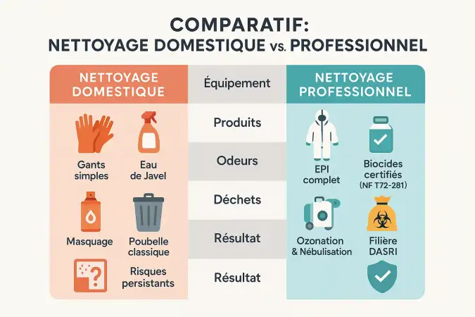 Comparatif entre nettoyage domestique et professionnel après un décès